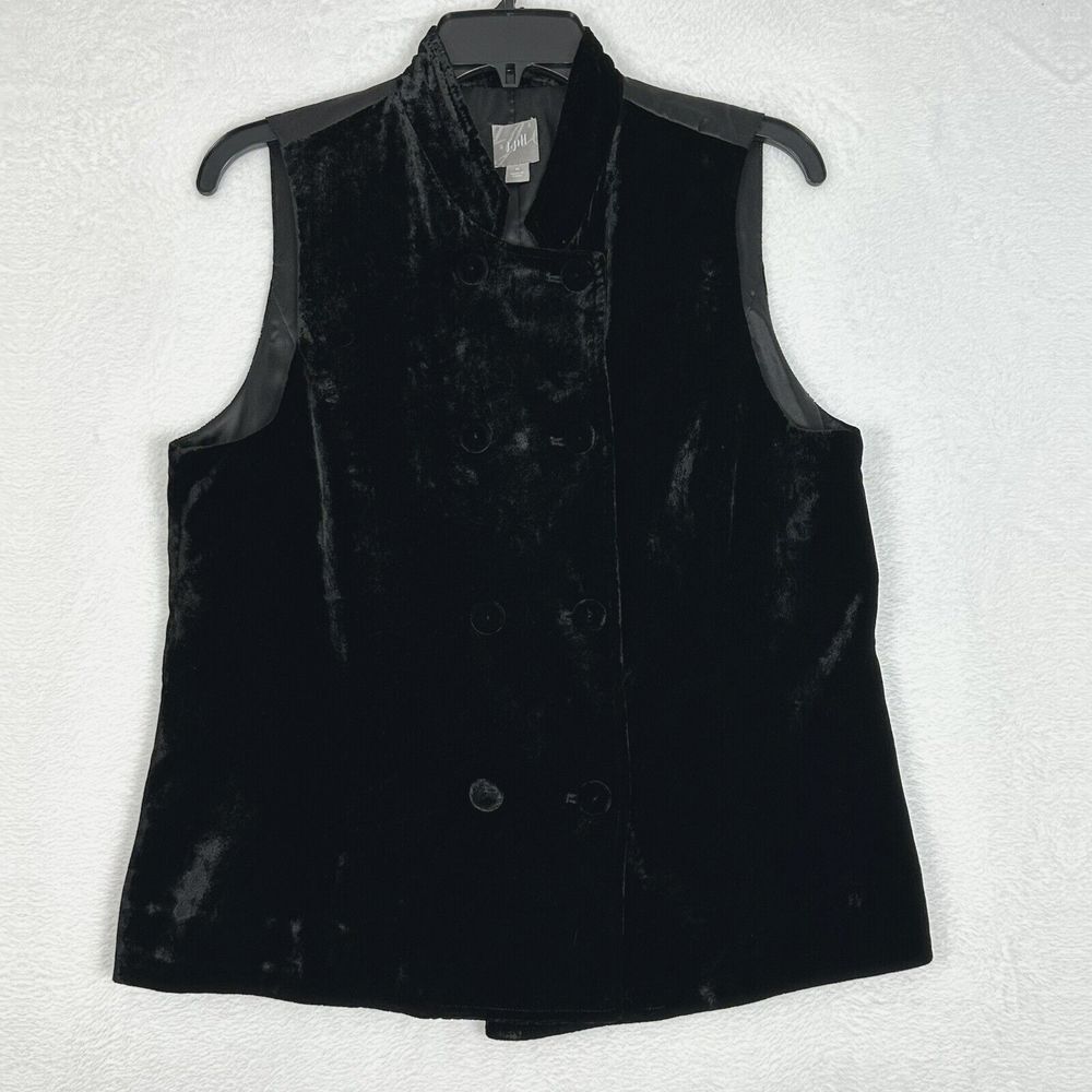 J Jill Double Breasted Vest Womens Medium Black Velvet Silk Blend High Neck